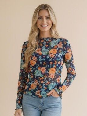 BS3- Elegant Floral Long Sleeve Sheer Mesh Top for layering